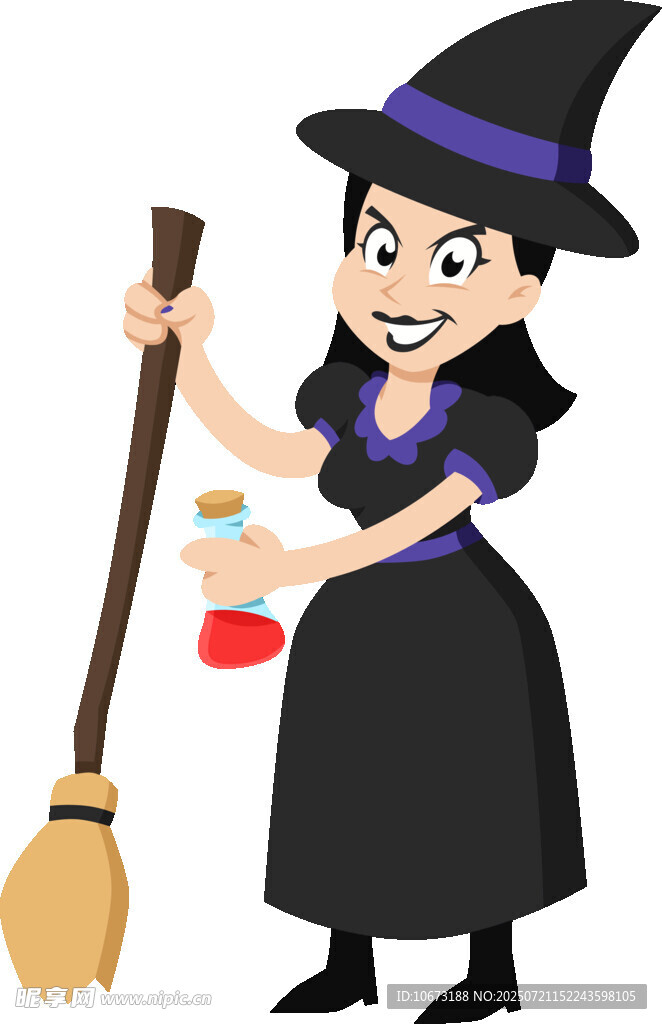 女巫手持扫帚与魔法药水