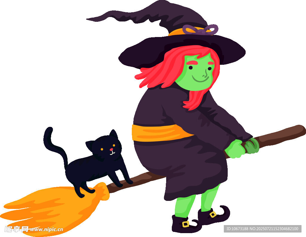 女巫骑扫帚带黑猫飞行