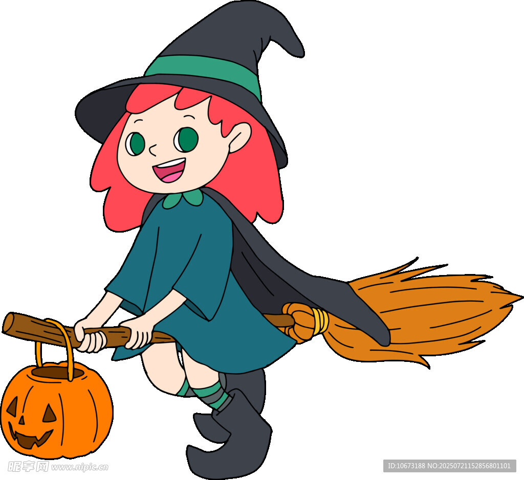 可爱小女巫提南瓜骑扫帚