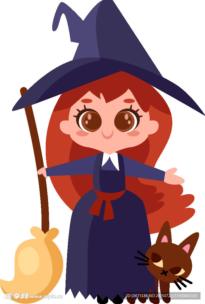 可爱女巫与黑猫的魔法形象