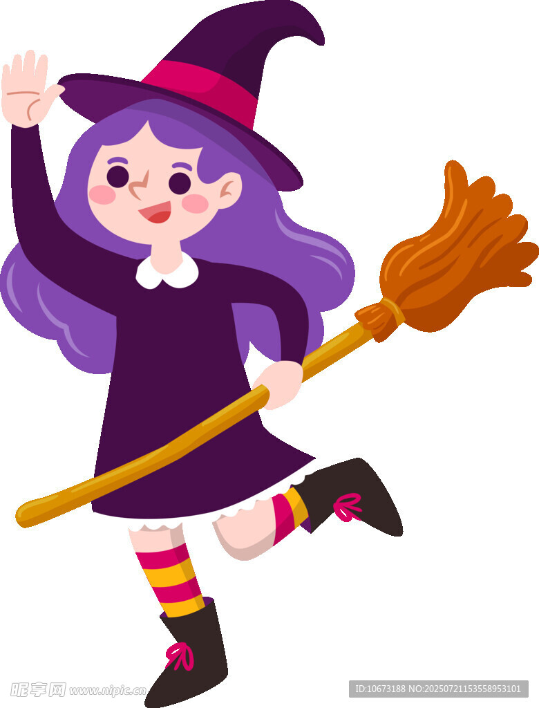 女巫女孩持扫帚欢快起舞