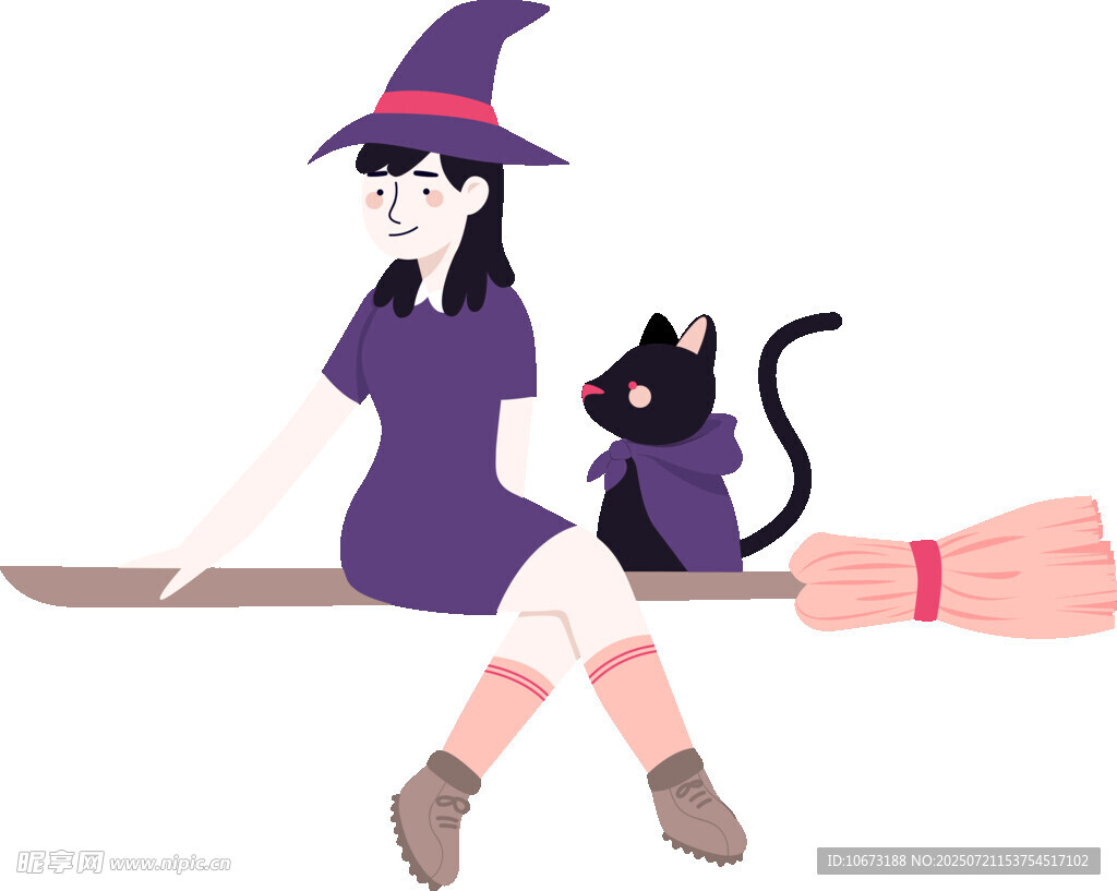 女巫与黑猫坐在扫帚上