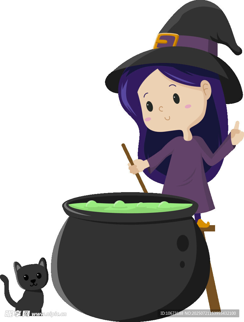 女巫与黑猫在魔法大锅旁