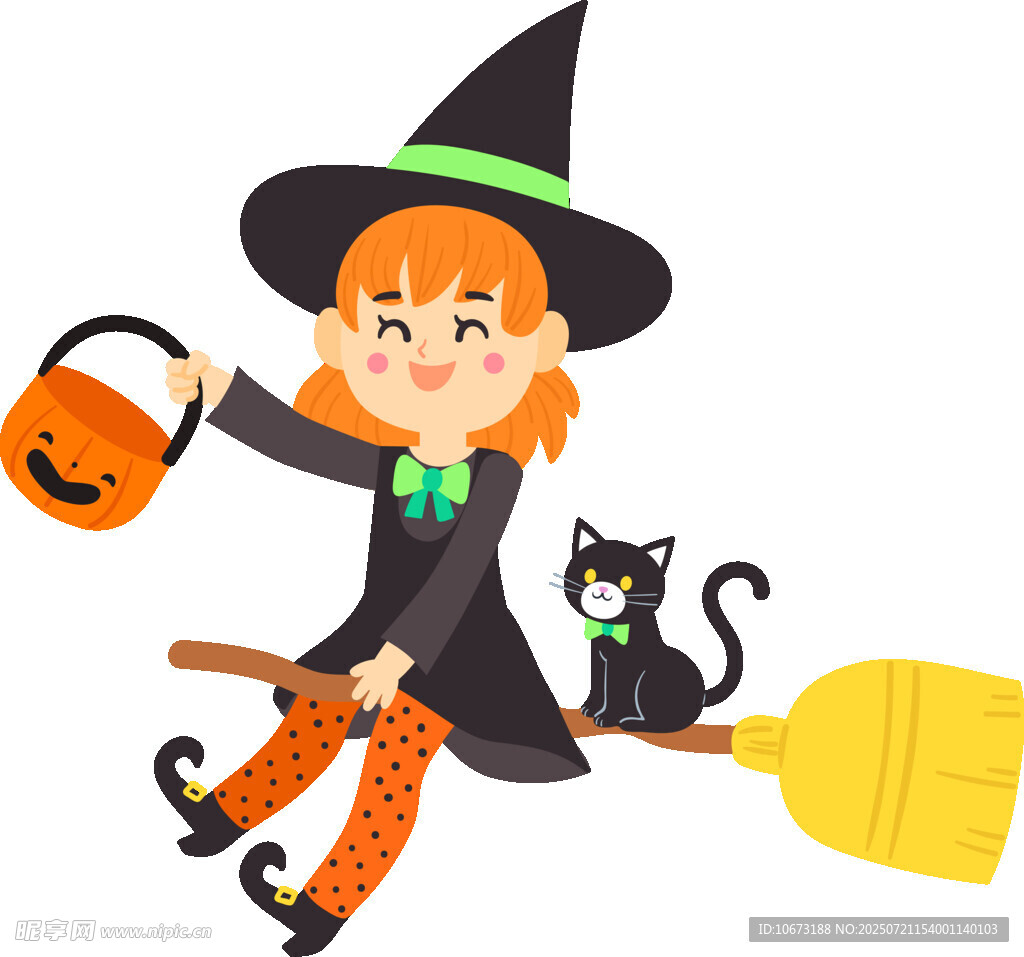女巫骑扫帚与黑猫过万圣节