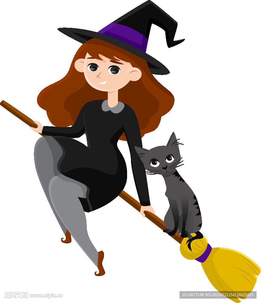 女巫骑扫帚与黑猫相伴