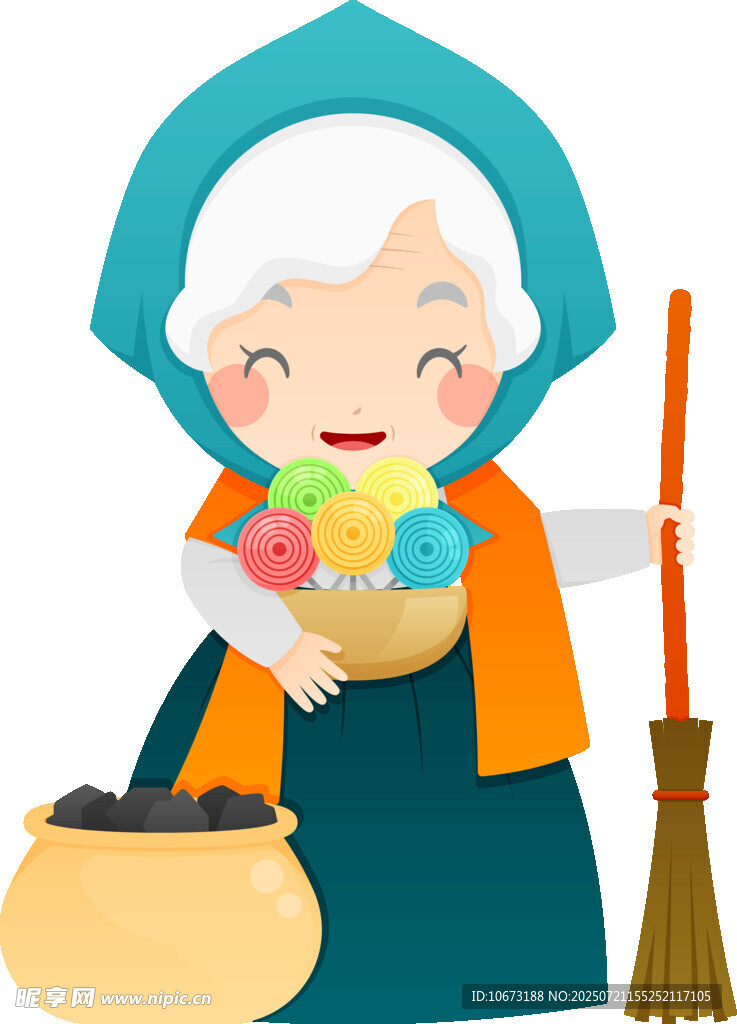 慈祥老妇手持彩球与扫帚