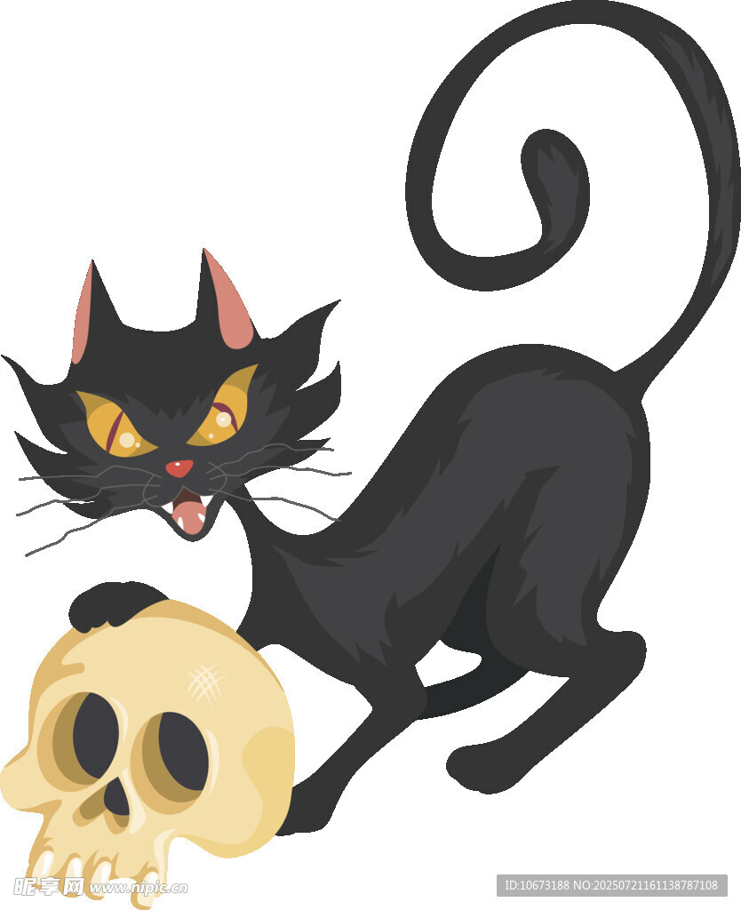 黑猫伏于骷髅上