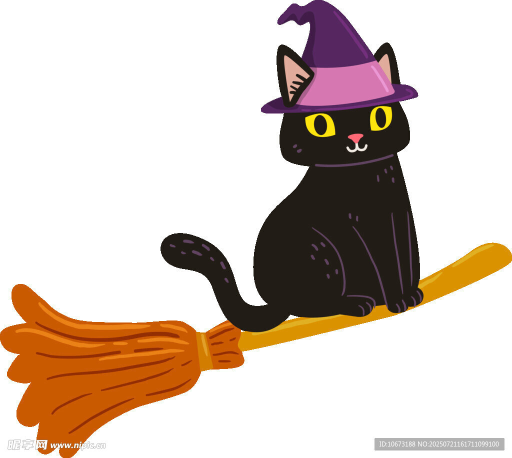 黑猫骑扫帚的万圣节形象