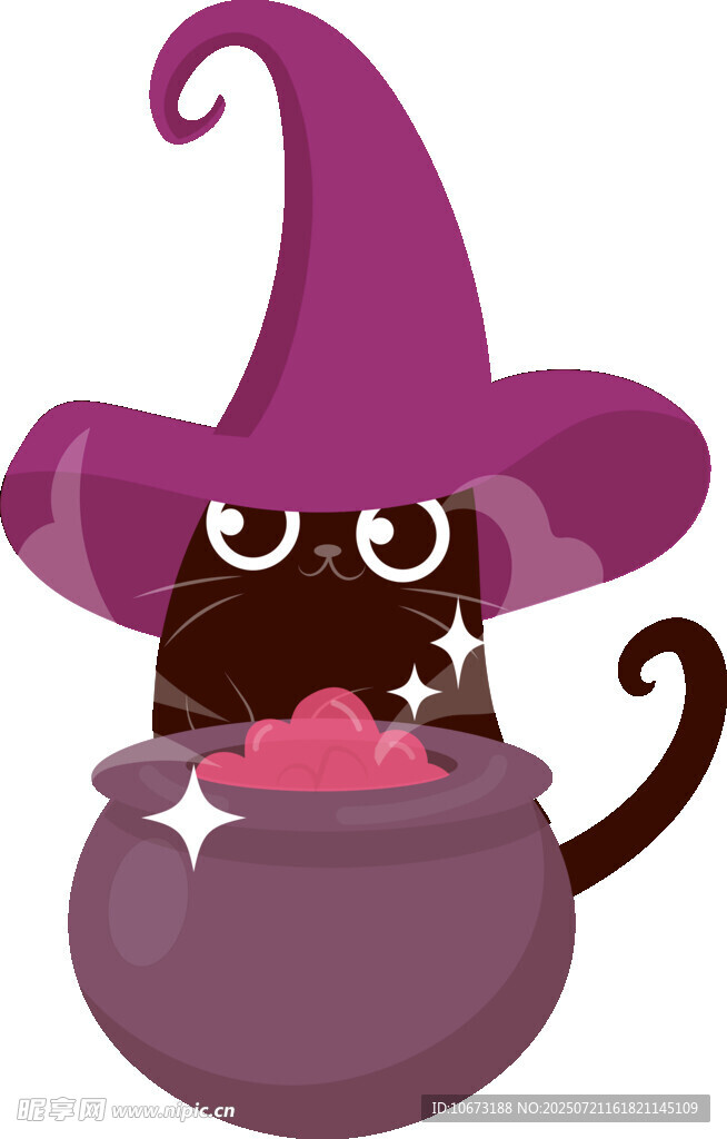 黑猫女巫在魔法锅中施法