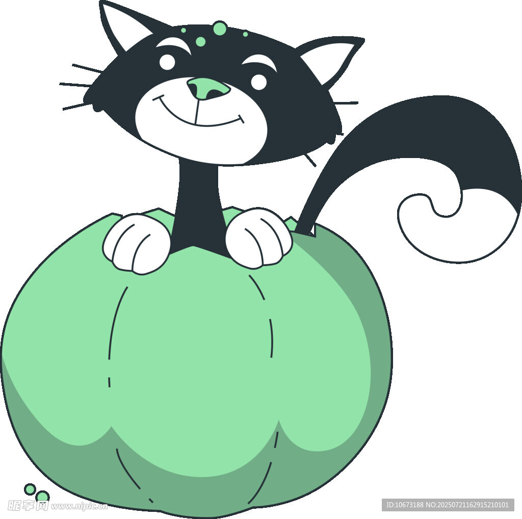 黑猫趴坐绿南瓜