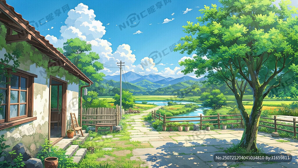 乡村屋外小院 有树 远处有远山