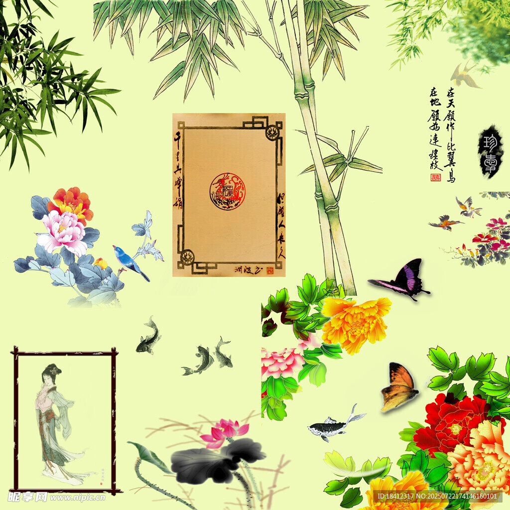 古典中式花鸟人物插画