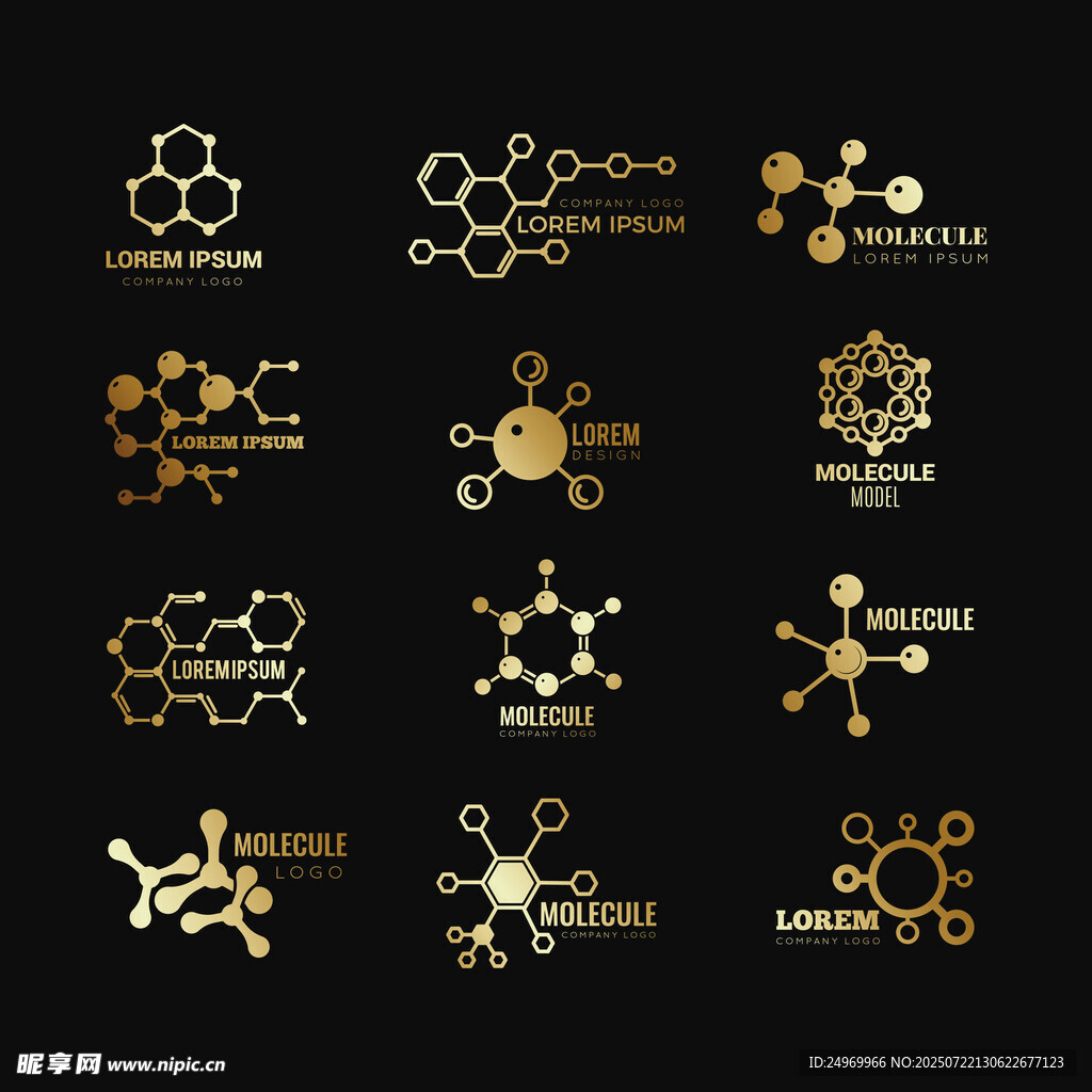 金色化学分子图标集合
