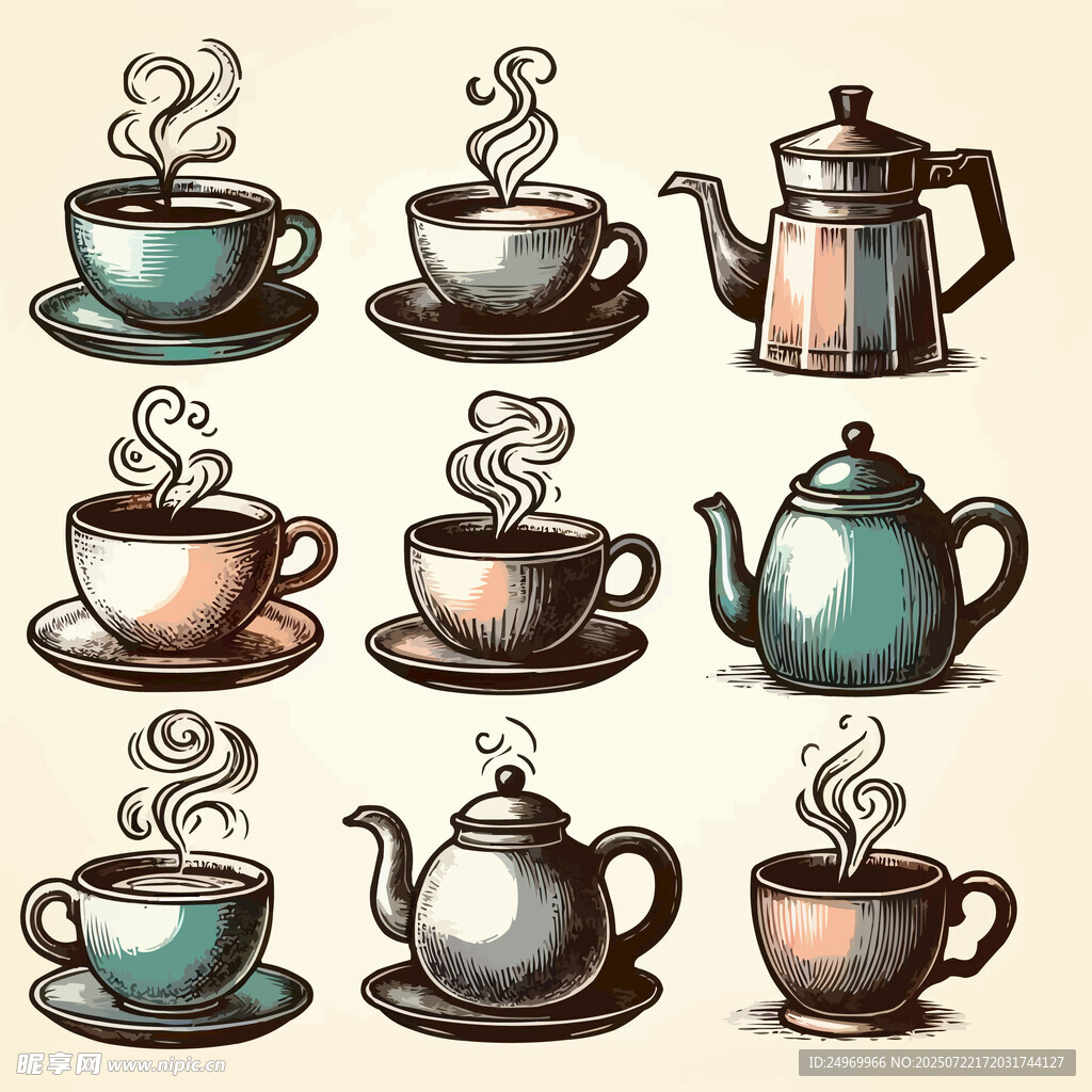 手绘复古茶具与咖啡杯组