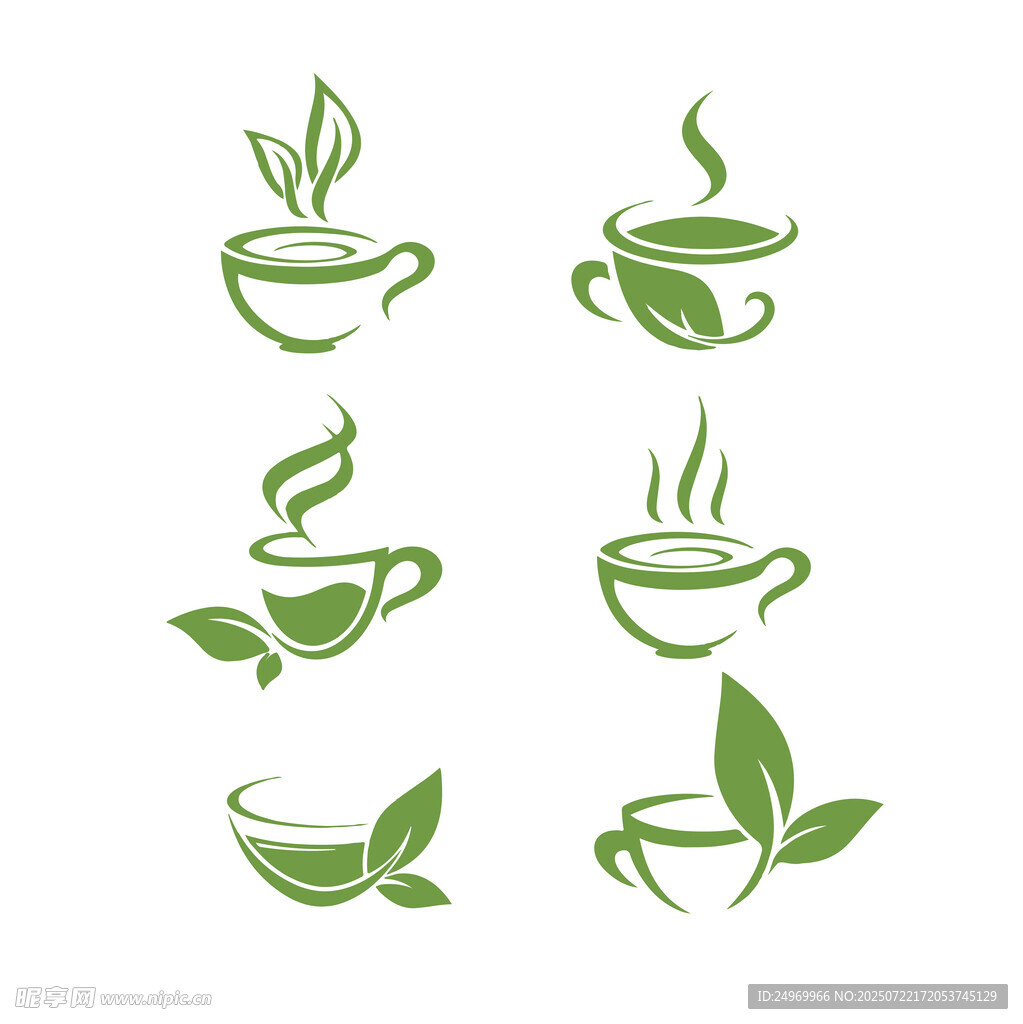 绿色茶杯茶叶图标集合