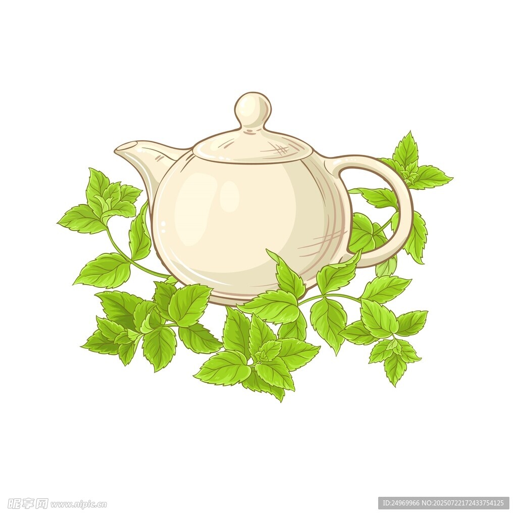 薄荷环绕的精致茶壶