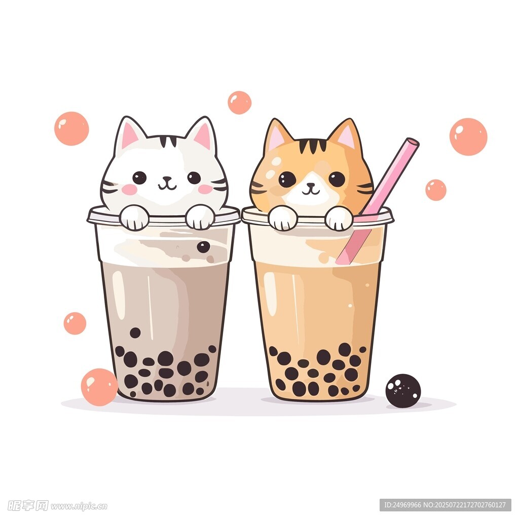 猫咪与珍珠奶茶的可爱组合