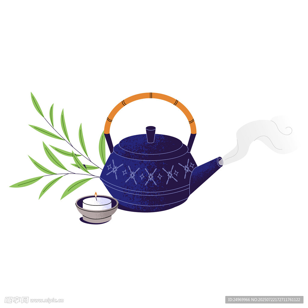 蓝色茶壶与绿植茶具组合