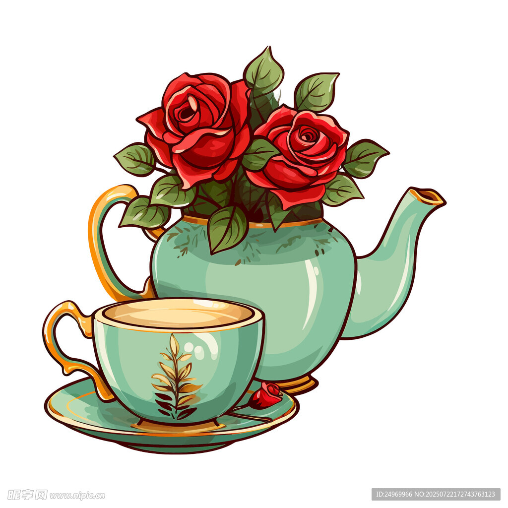 复古风茶壶配玫瑰与茶杯