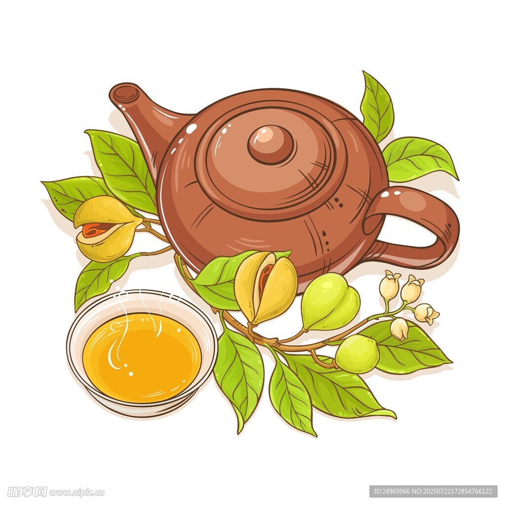 手绘茶壶与茶及周边植物