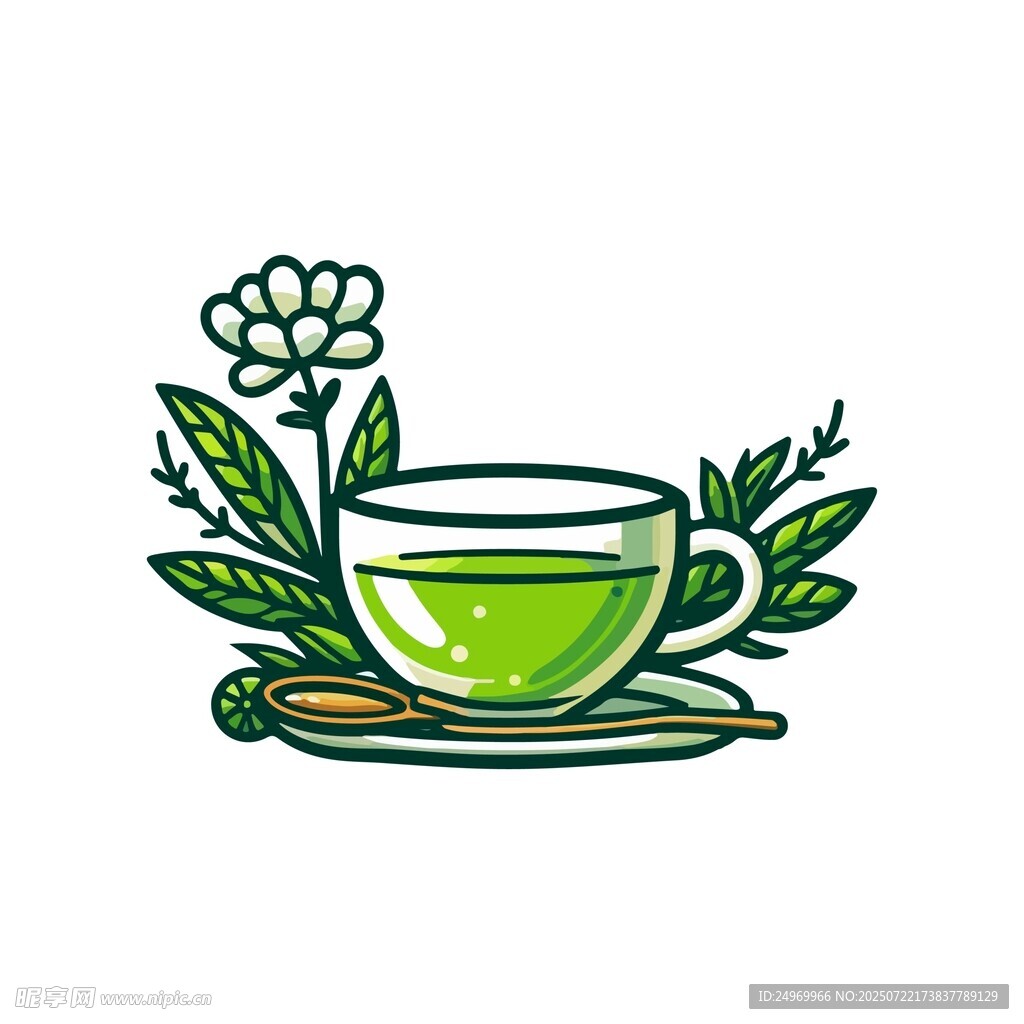 手绘绿茶杯与花叶图案