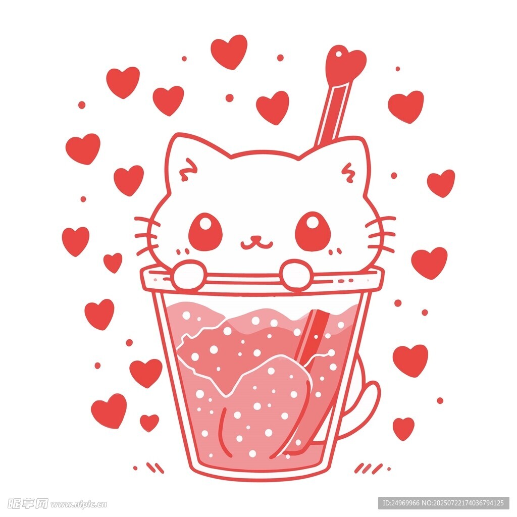 杯中萌猫与爱心果汁