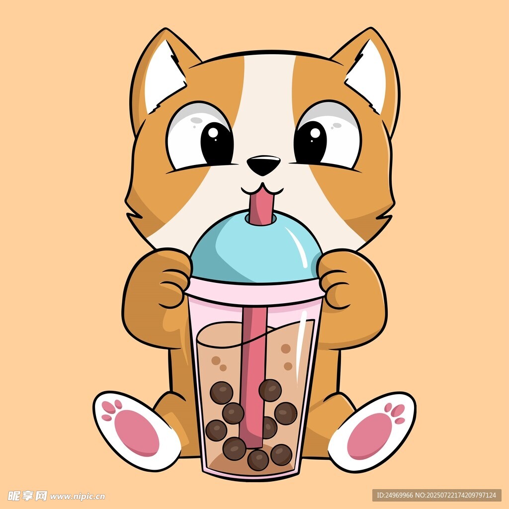 萌猫畅饮珍珠奶茶