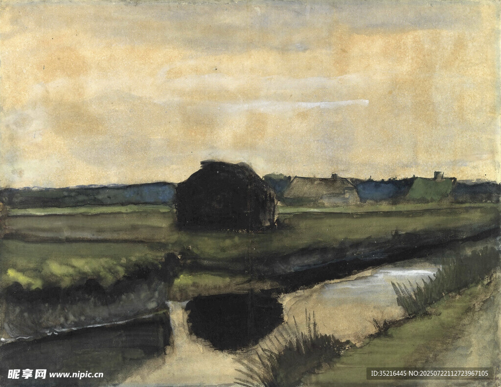 乡村河畔风景油画