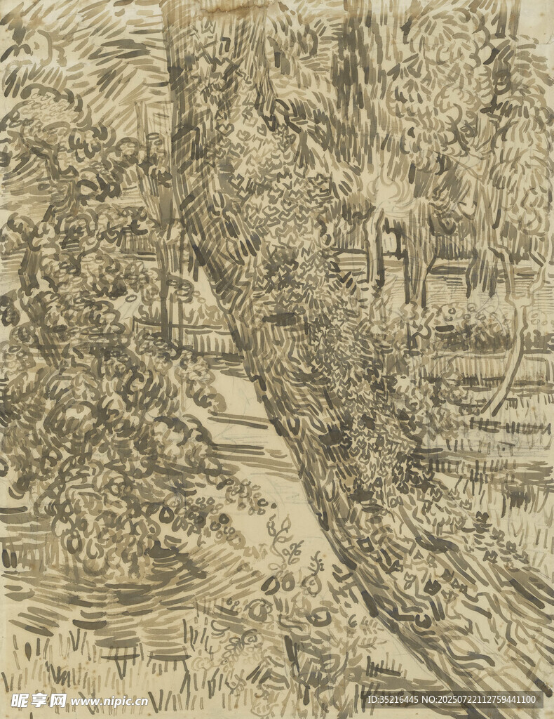 复古风树木风景素描图