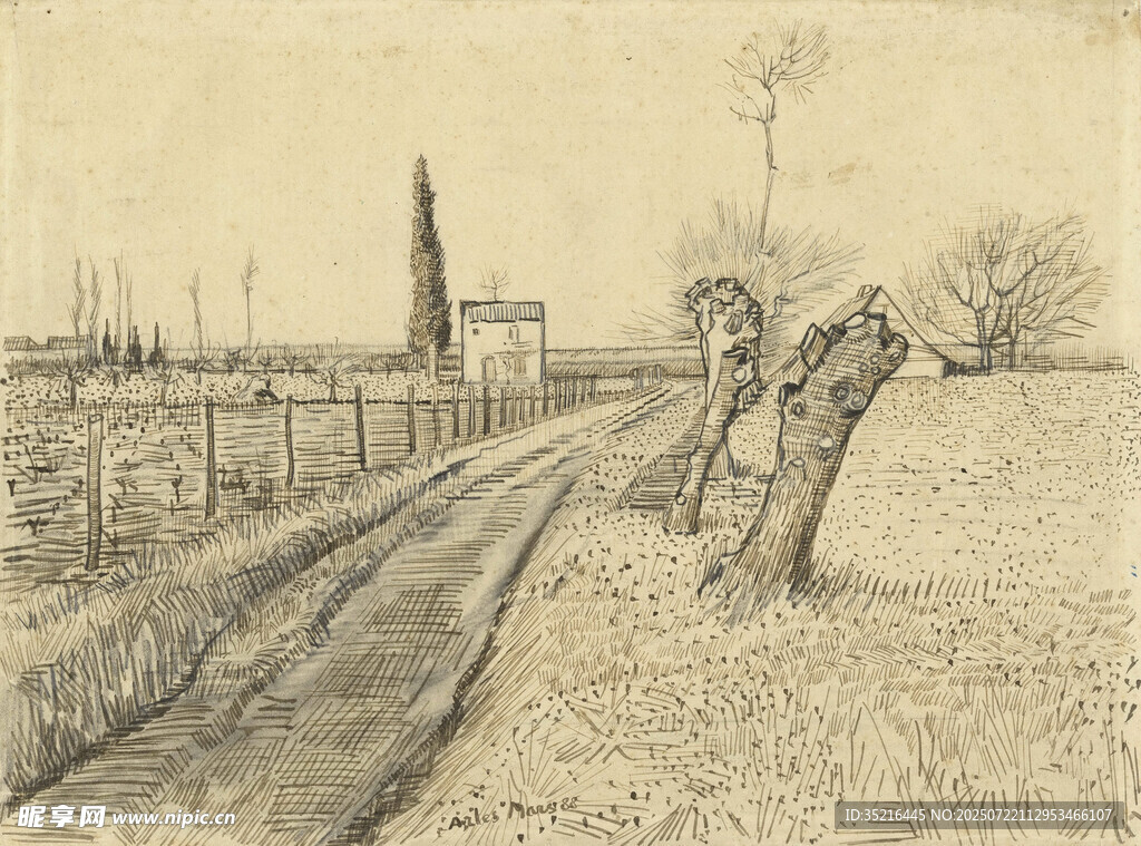 乡村田野风景素描图
