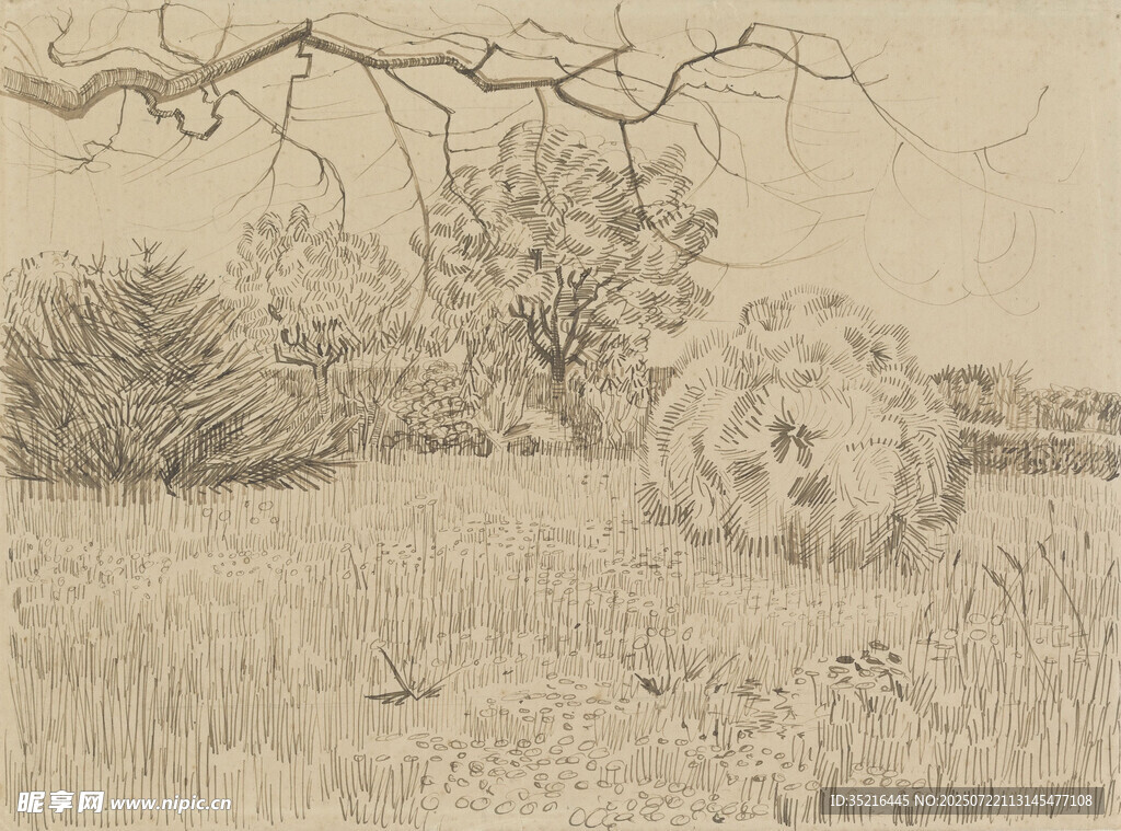 田野干草堆素描风景