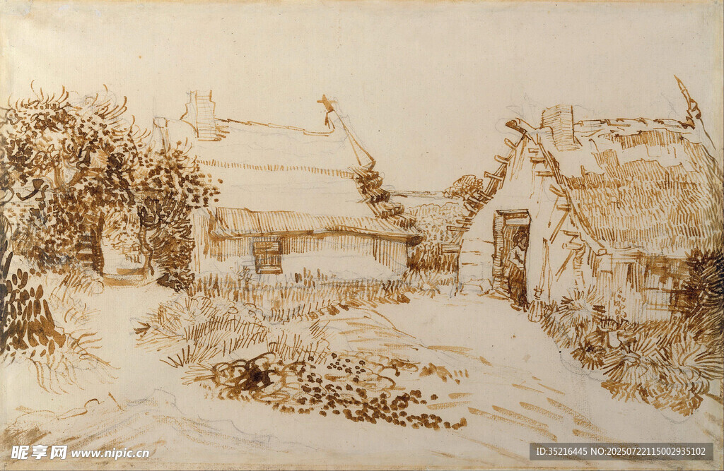 冬日乡村雪景素描画