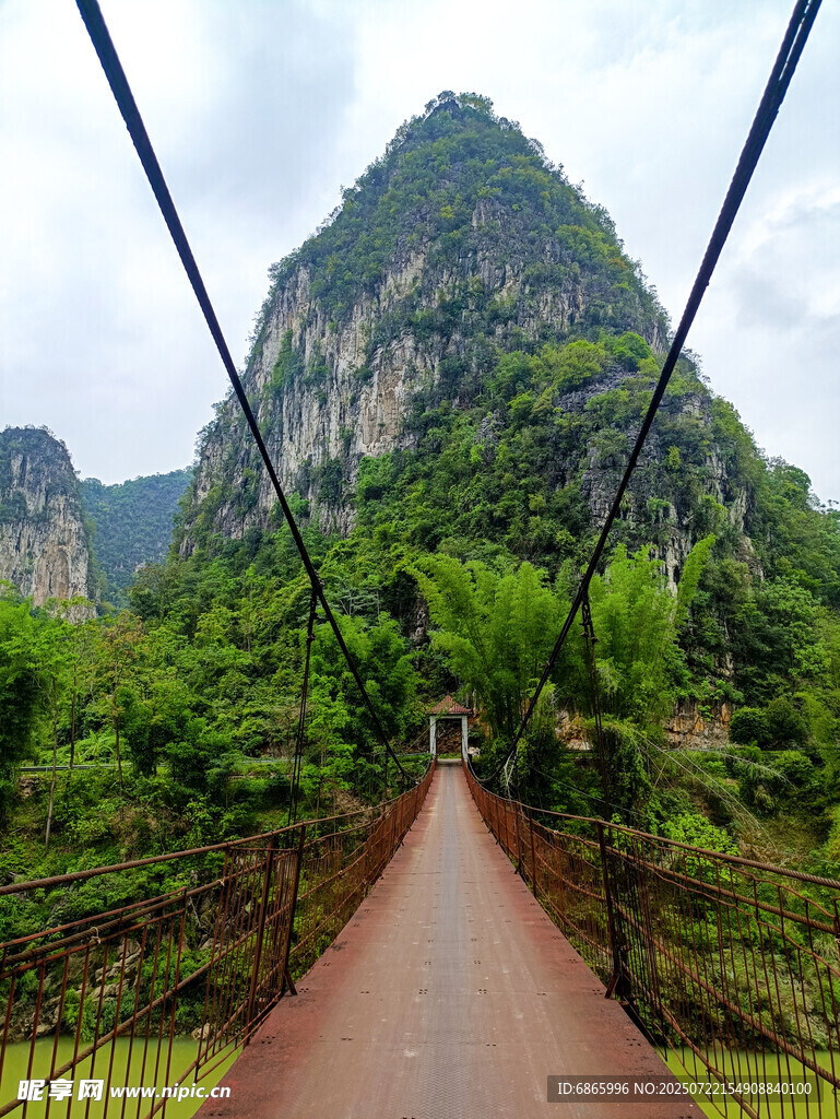 山间吊桥穿行于翠绿山林
