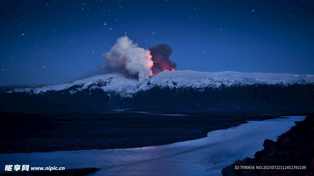 夜幕下喷发的壮丽火山