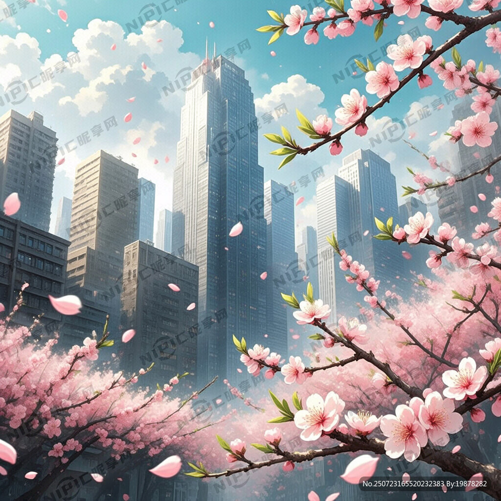 做一张背景板有桃花有城市气氛梦