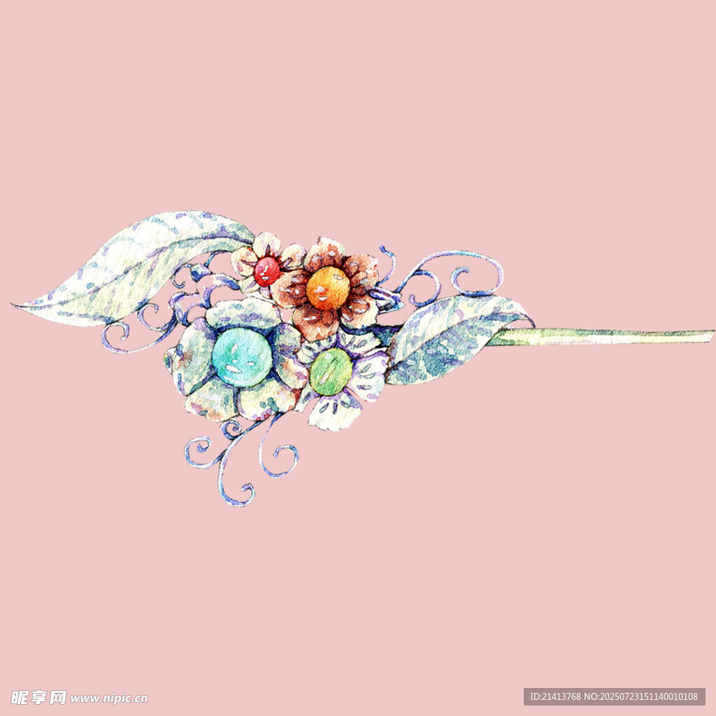 梦幻多彩花卉羽毛插画