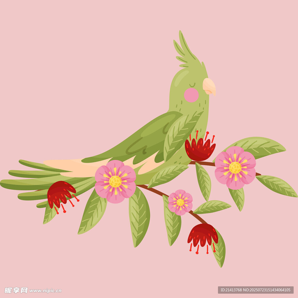 绿鹦鹉栖于繁花枝头