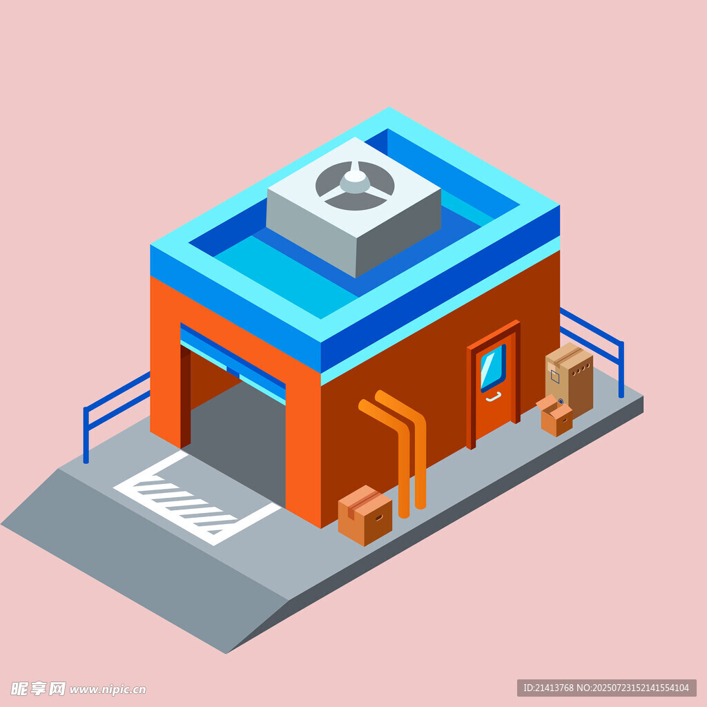 橙色工厂建筑等距视图
