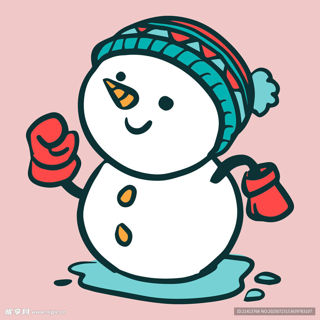 戴帽雪人开心挥舞双手