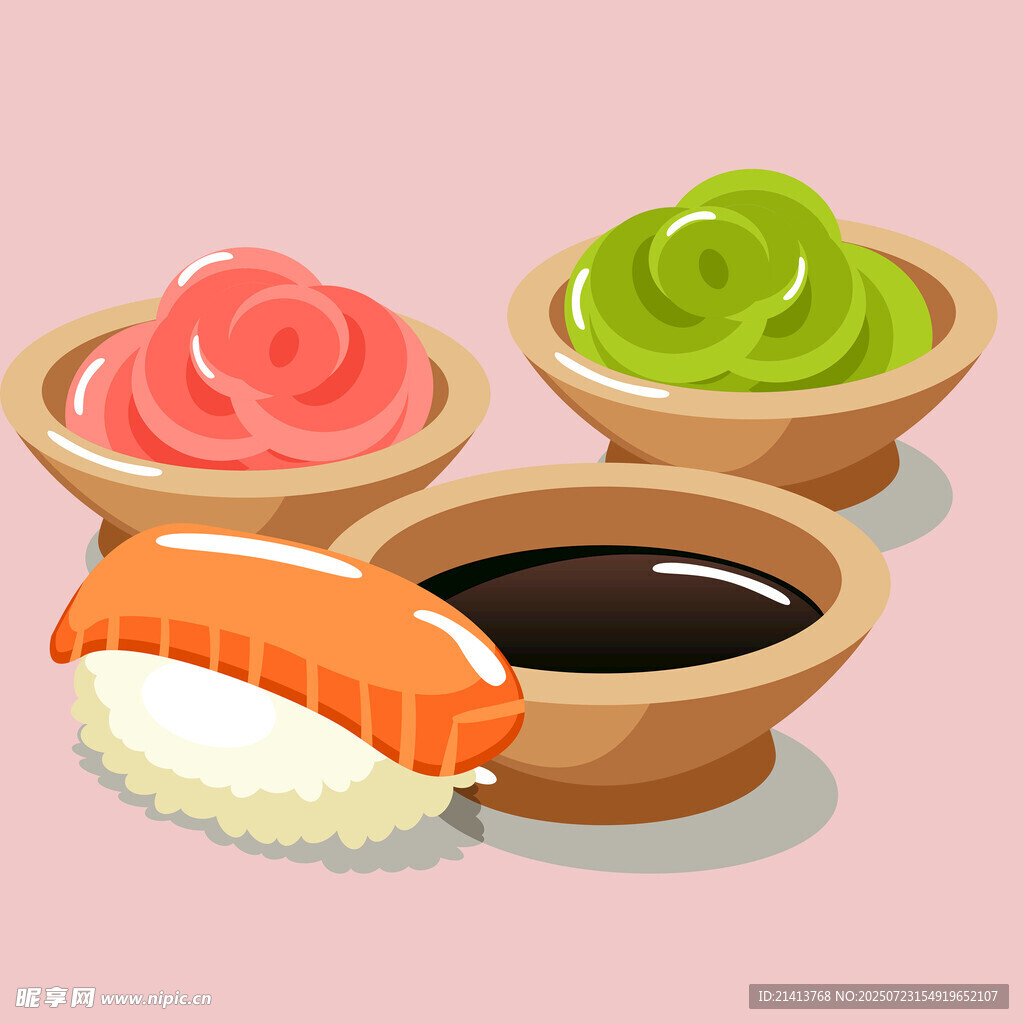 美味寿司与蘸料组合