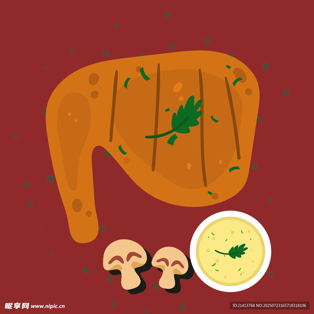 香煎鸡排配蘑菇与蘸酱