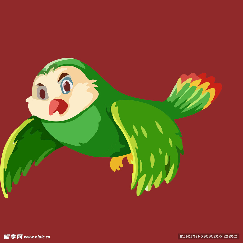 飞翔的绿色卡通鹦鹉