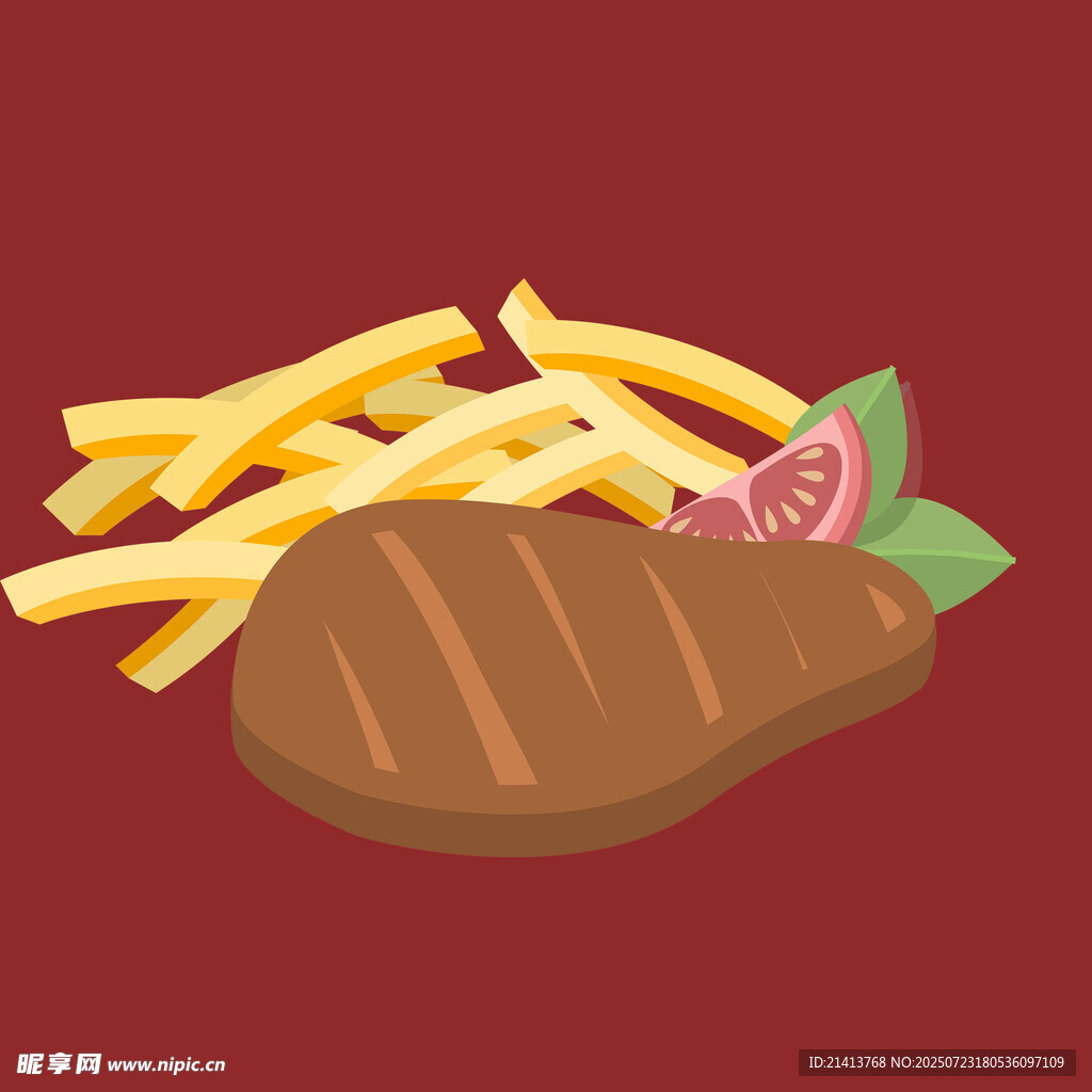 牛排配薯条美食插画
