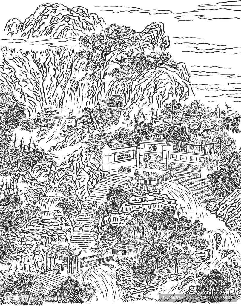 水墨山水线描图