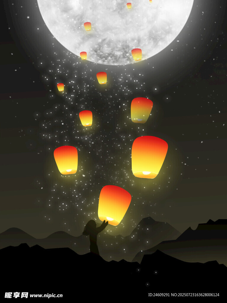 中元节孔明灯夜晚灯火星辰