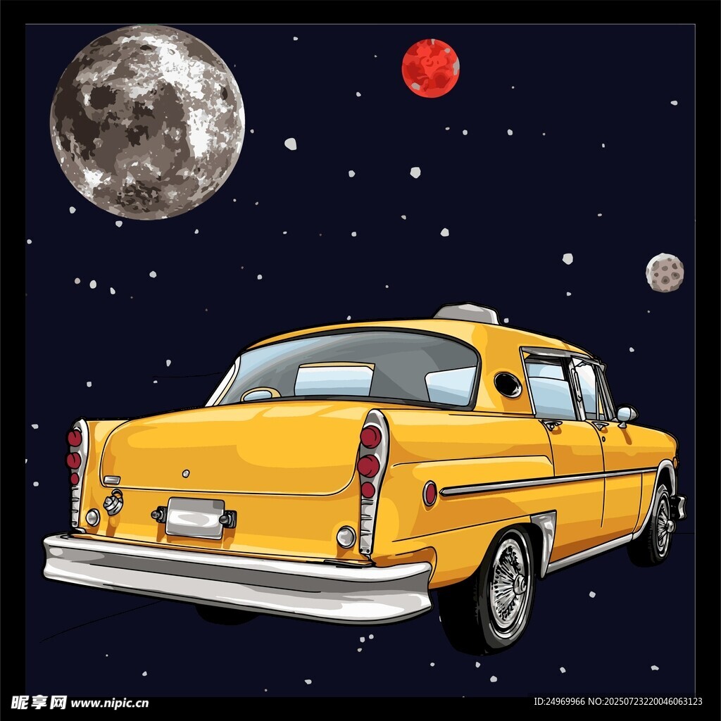 月夜下的复古黄色旅行车