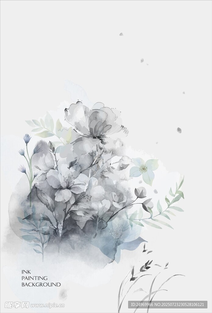 淡雅蓝调花卉水彩画
