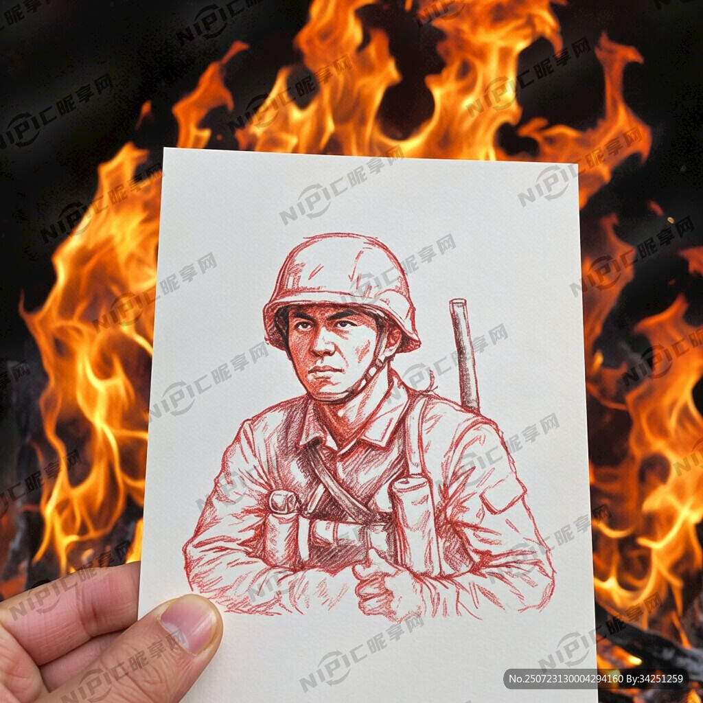 烈火中潜伏的兵 红色线描图
