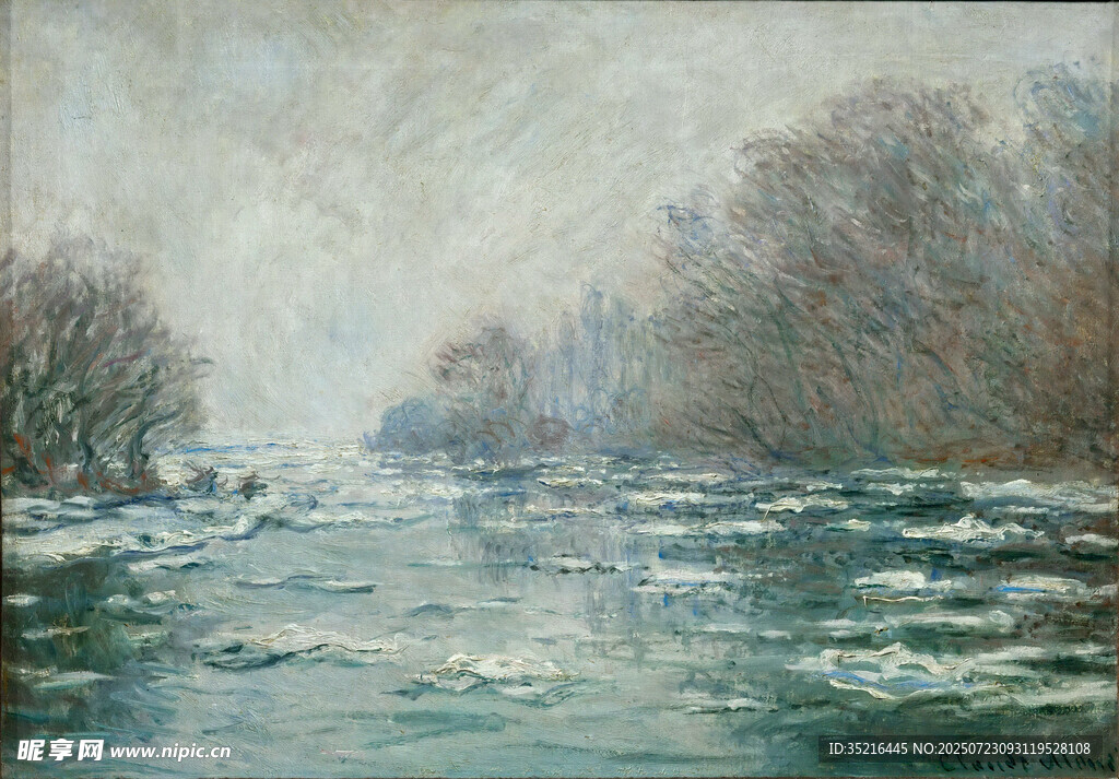 冬日河流风景油画
