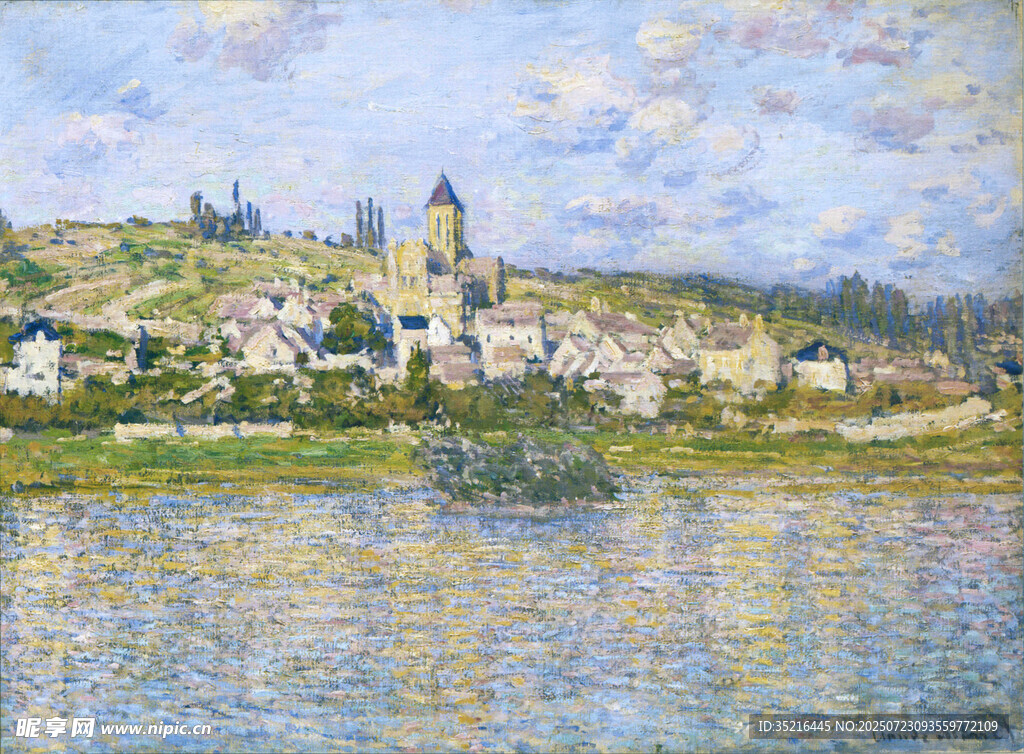 河畔小镇风景油画